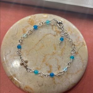 Artisan Blue Agate and Pave Cross Beaded Bracelet